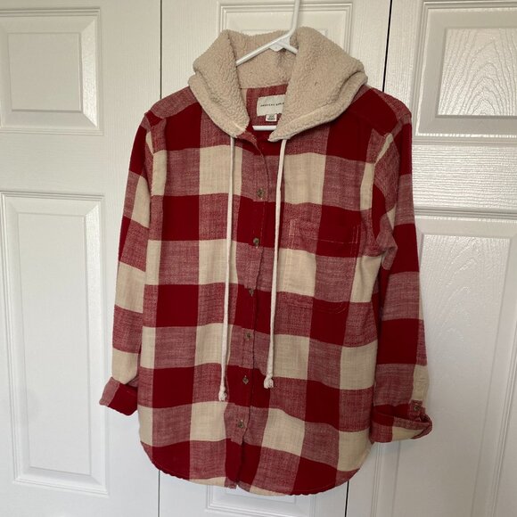 American Eagle AE Cabin Cropped Flannel Shirt Jacket With Hood Size S Red Plaid - Picture 1 of 10